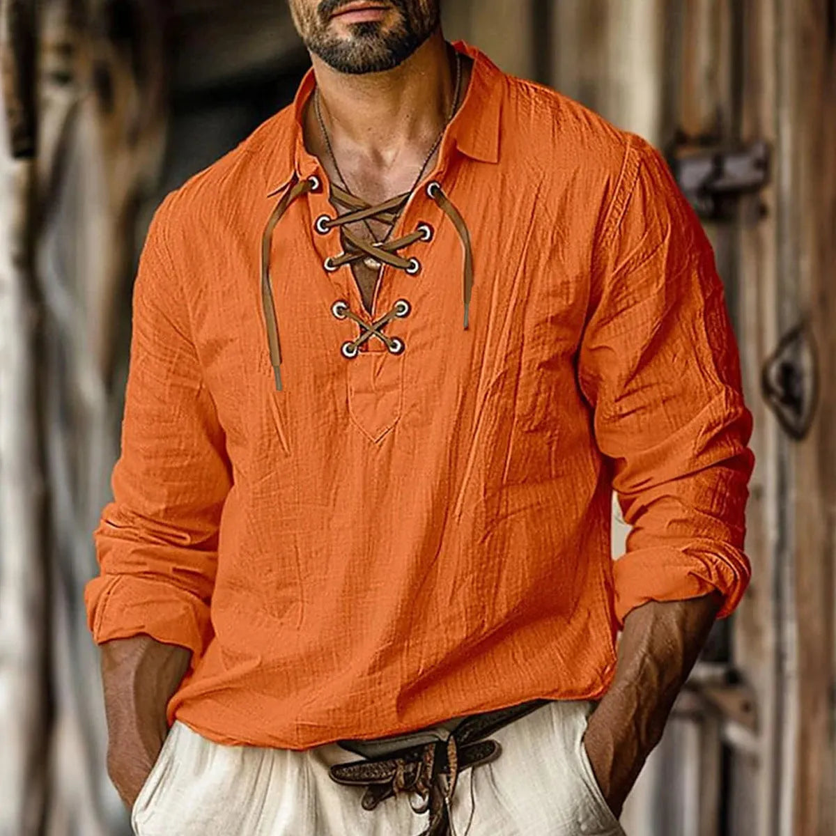 Men's plus size solid colour linen blend shirt with lapels and long sleeves in a loose fit.