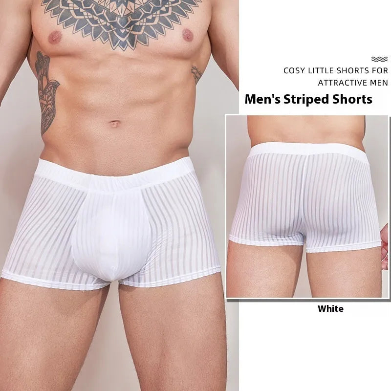 Men's black striped nylon underwear laid flat, showing thin transparent fabric and free-size fit.