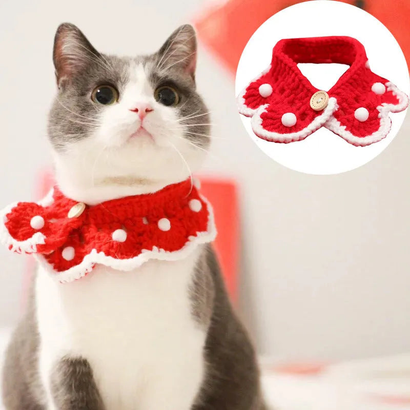 Handmade milk cotton knitted pet collar with cartoon pattern, shown in customisable sizes for small animals.