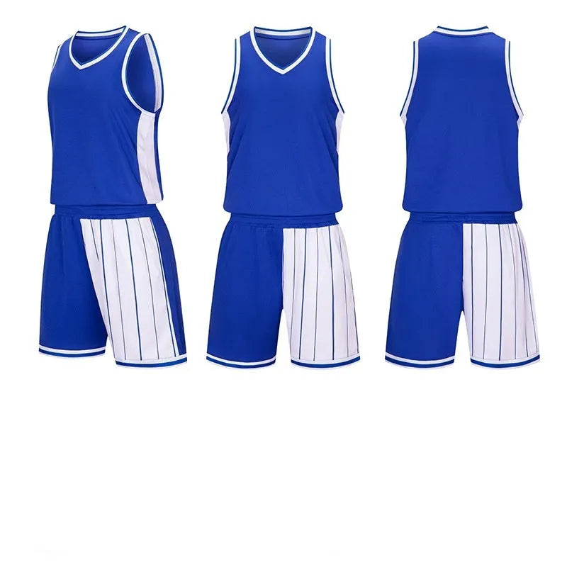 Men's basketball training uniform set in quick-dry polyester, showing top and shorts in blue colour option
