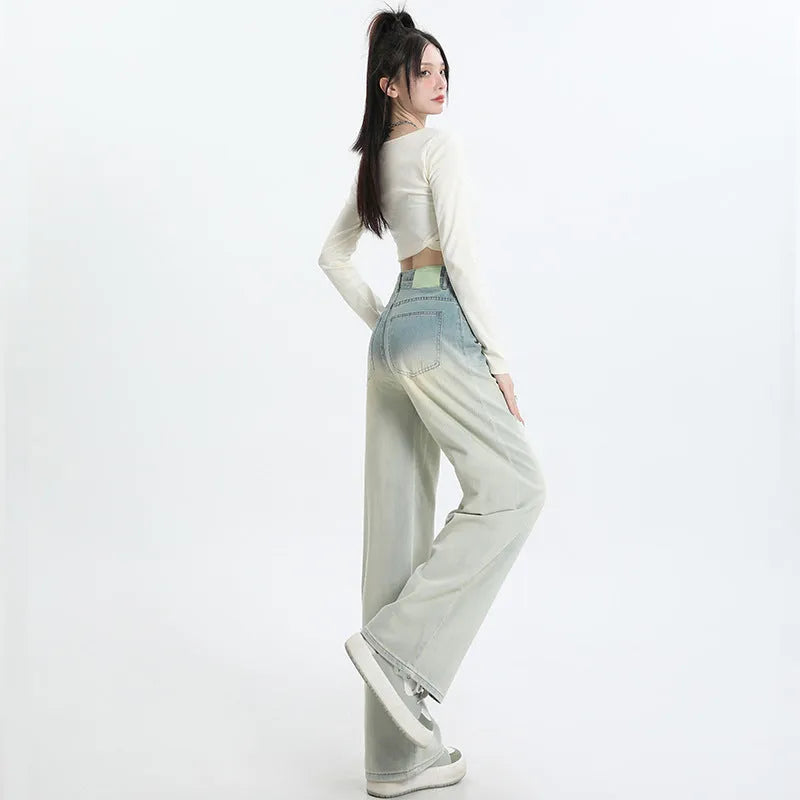 Gradient blue wide-leg straight-leg women's trousers in cotton denim fabric.