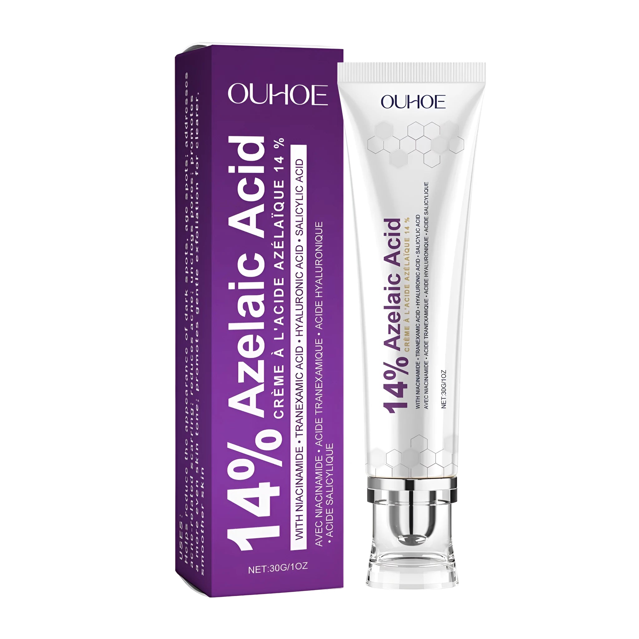 30g jar of face cream with nicotinamide and hyaluronic acid for soothing and moisturising.