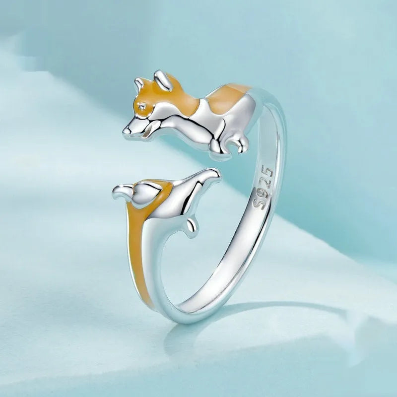 Silver cartoon corgi ring with electroplated finish in colour SCR1014-E.