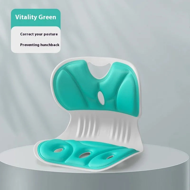 Memory foam seat cushion in solid colour on a chair, shown in small and large sizes.