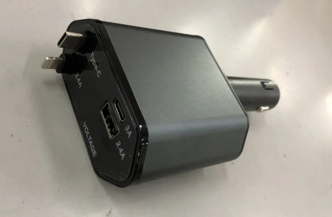 Automatic retractable car charger with cigarette lighter adapter and USB connections