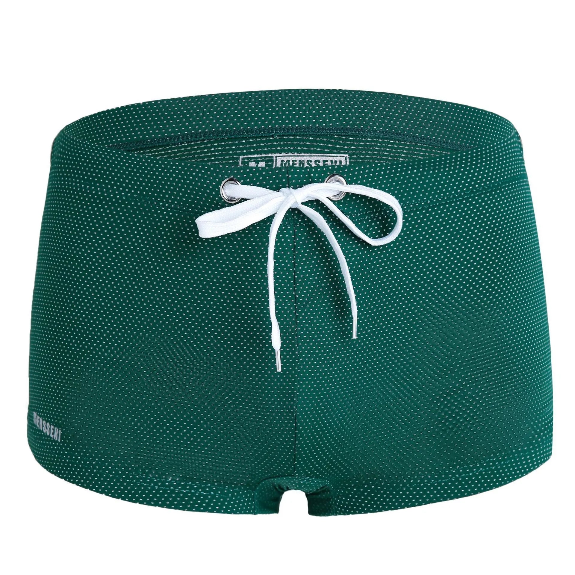 Men's white lace nylon swimming trunks with low waist boxer design for swimming and hot springs