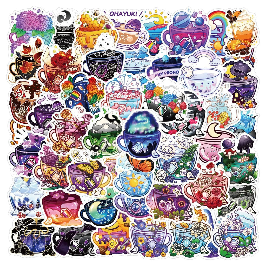 Colourful tea cup graffiti waterproof stickers in Nordic style for sports scooters