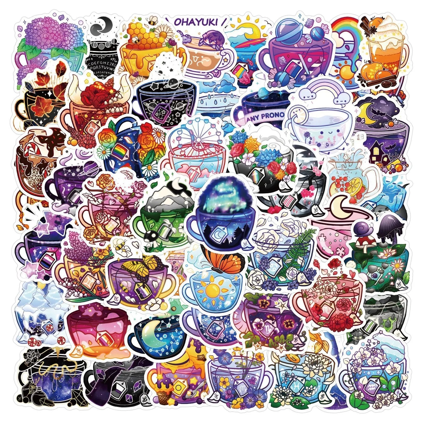 Colourful tea cup graffiti waterproof stickers in Nordic style for sports scooters