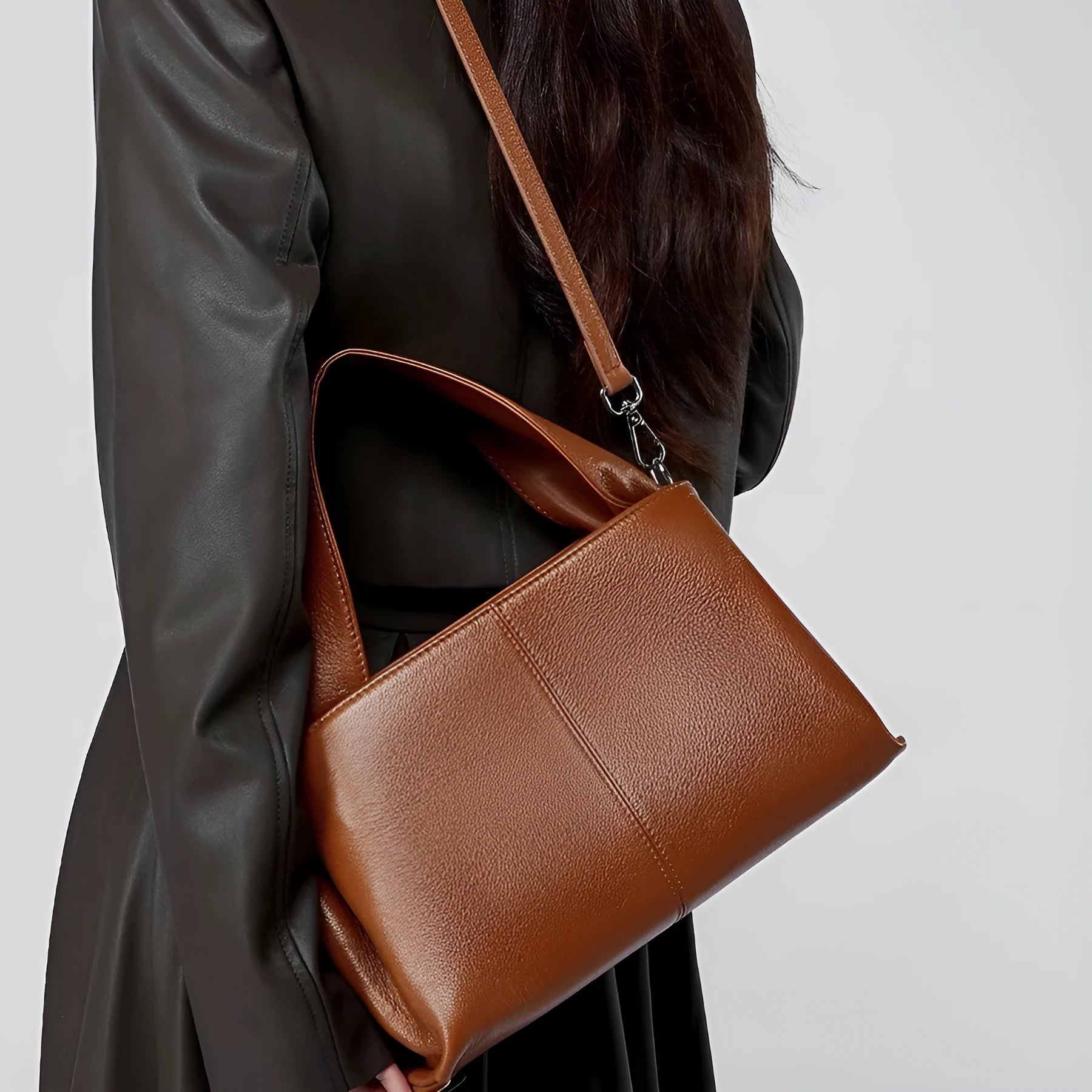 Genuine cowhide leather women's messenger bag in solid colour with double shoulder straps