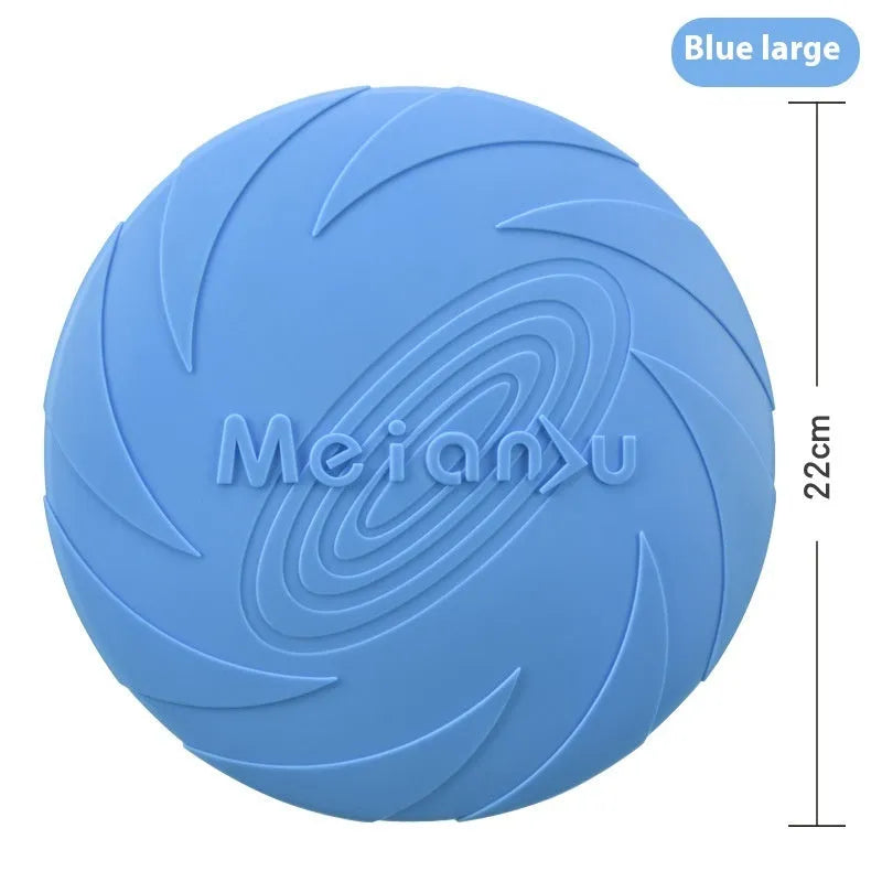 Soft rubber dog flying disc toy in blue colour suitable for outdoor fetch games and walking sessions