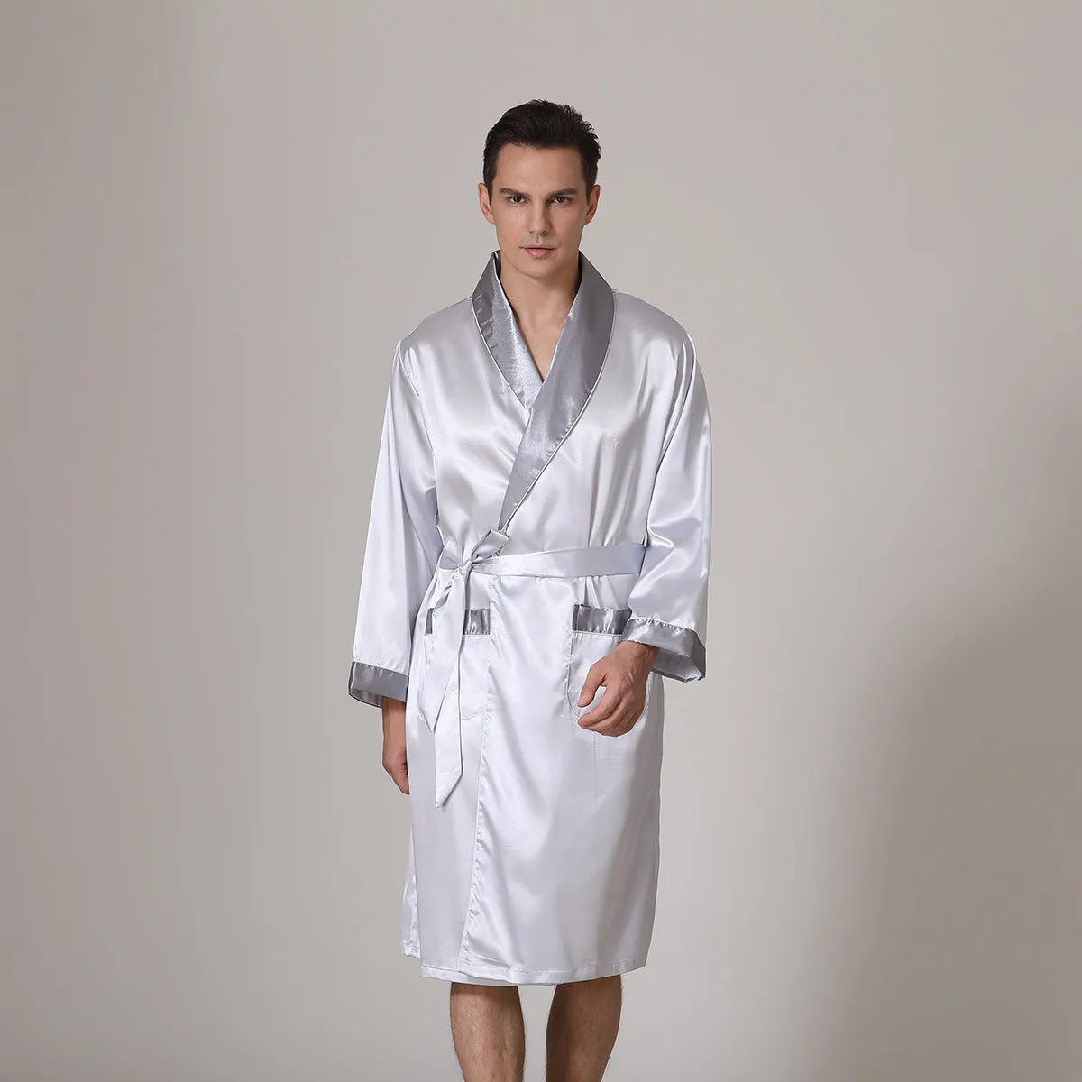 Men's lightweight rayon bathrobe for summer in various colour options showing simple construction