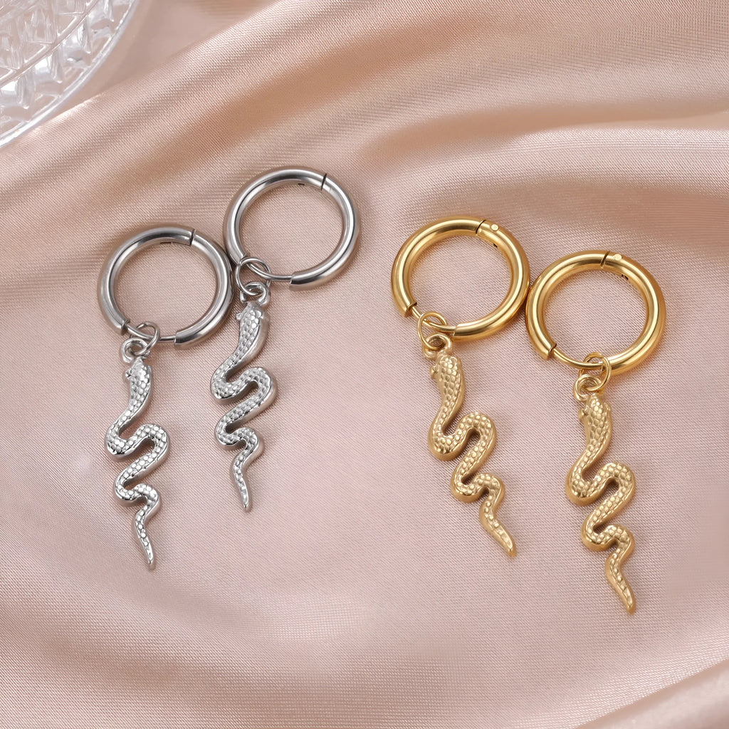 Stainless steel snake vintage earrings with gold plating and ear clip design