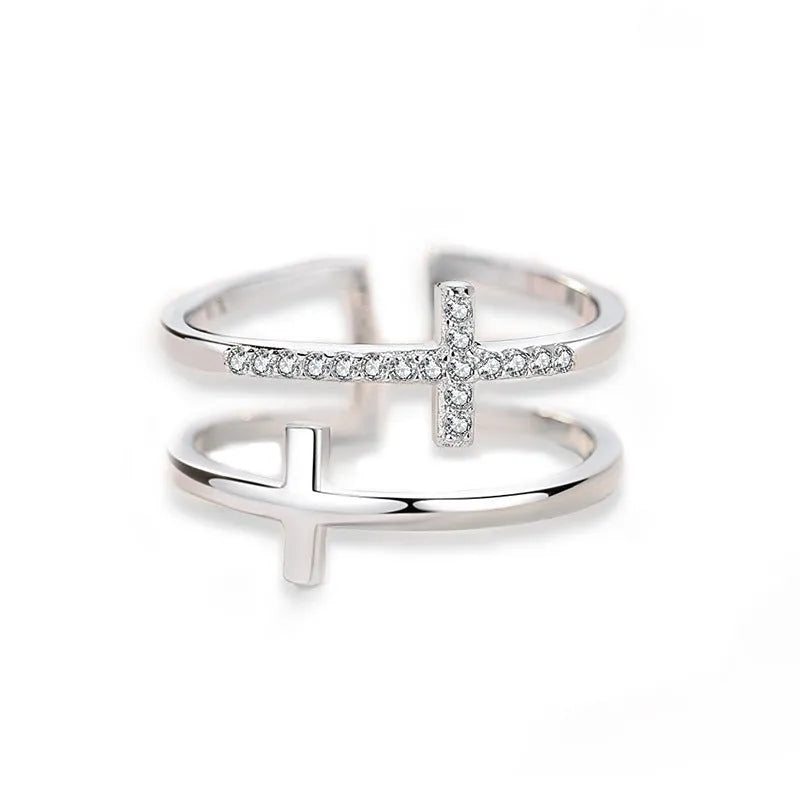 Double cross geometric copper ring with zircon inlay and adjustable open design