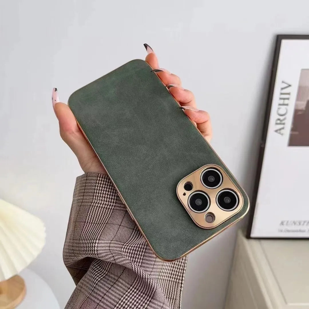 Leather texture iPhone case in grey, black, grey-green, or blue colours showing front and back views