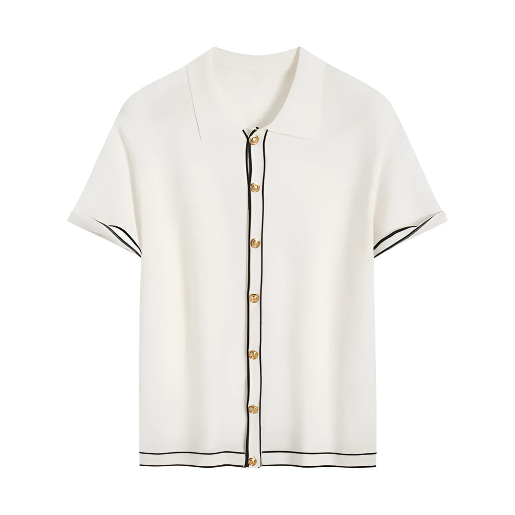 White short sleeve cardigan with contrasting colour lapels on a hanger.