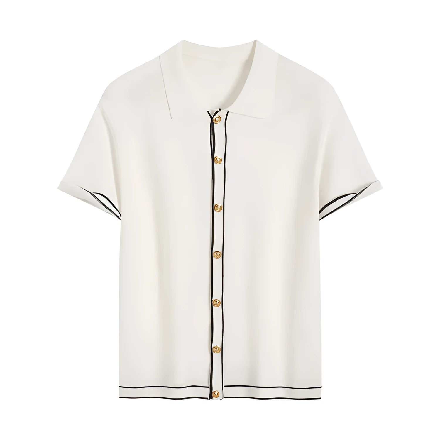 White short sleeve cardigan with contrasting colour lapels on a hanger.