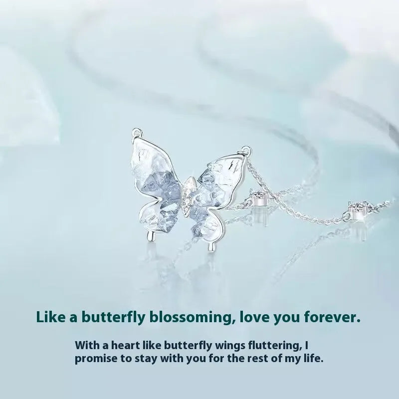 S925 sterling silver Bingyu butterfly necklace with ice rain pendant on O-ring chain