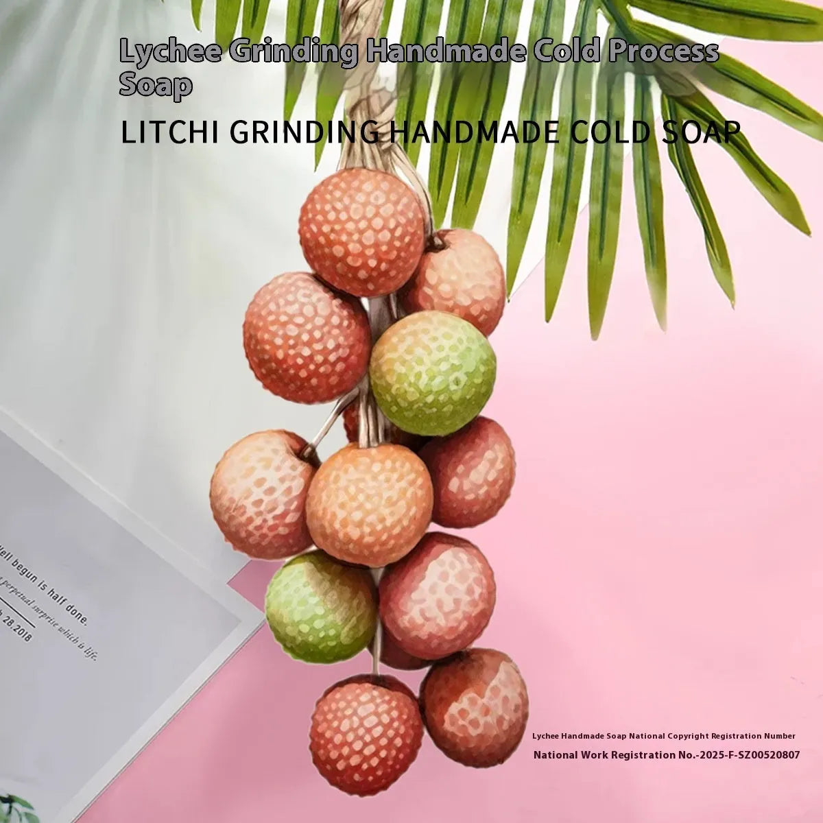 Handmade grape soap bars in black, green, and purple grape scents alongside litchi soap, with gift box and mesh bag packaging