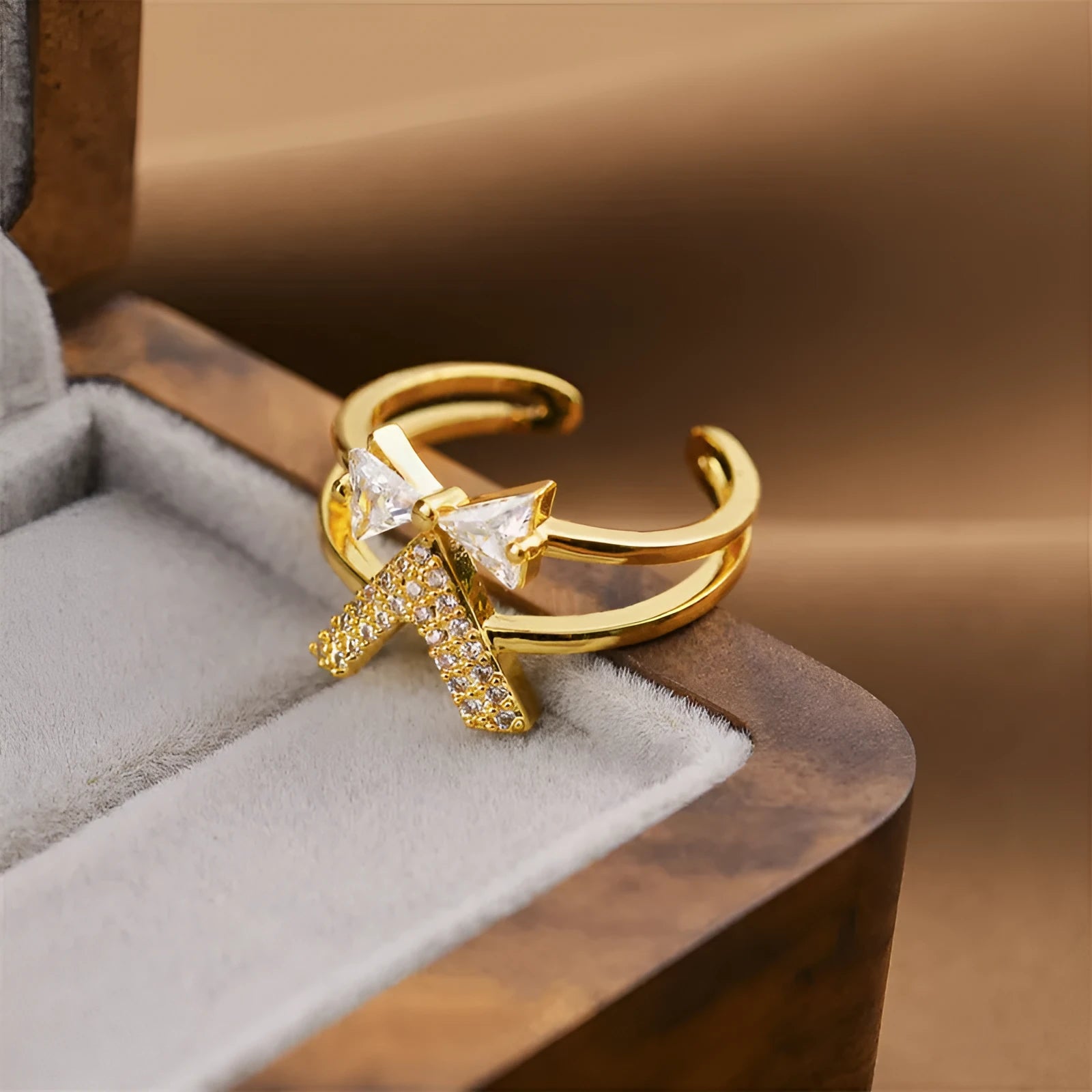 Gold geometric open adjustable women's ring showing Korean fashion design with electroplated finish