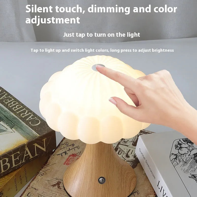 Mushroom-shaped touch lamp with USB charging in wood grain colour