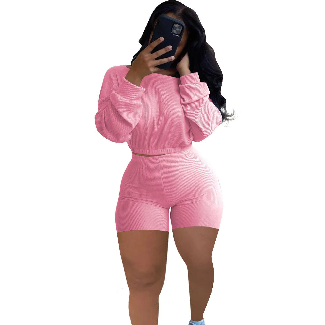 Sunken stripe pattern off-the-shoulder long sleeve top and shorts two-piece set