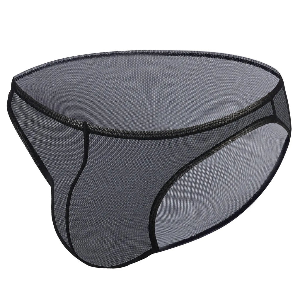 Men's black ice silk triangle mid waist briefs on a white background.