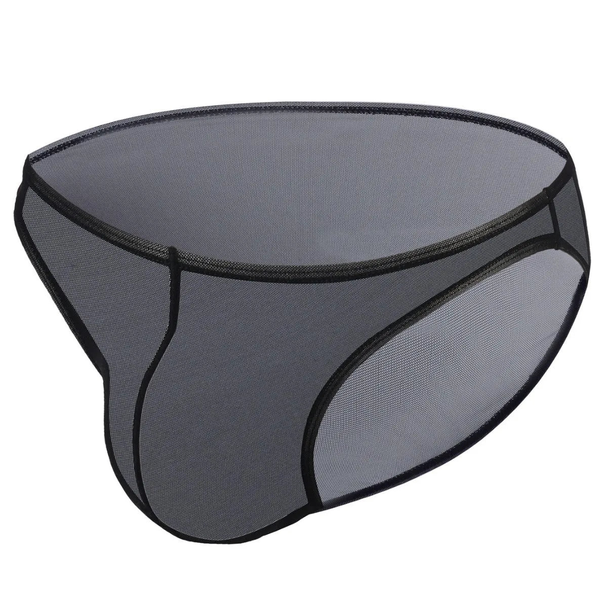 Men's black ice silk triangle mid waist briefs on a white background.