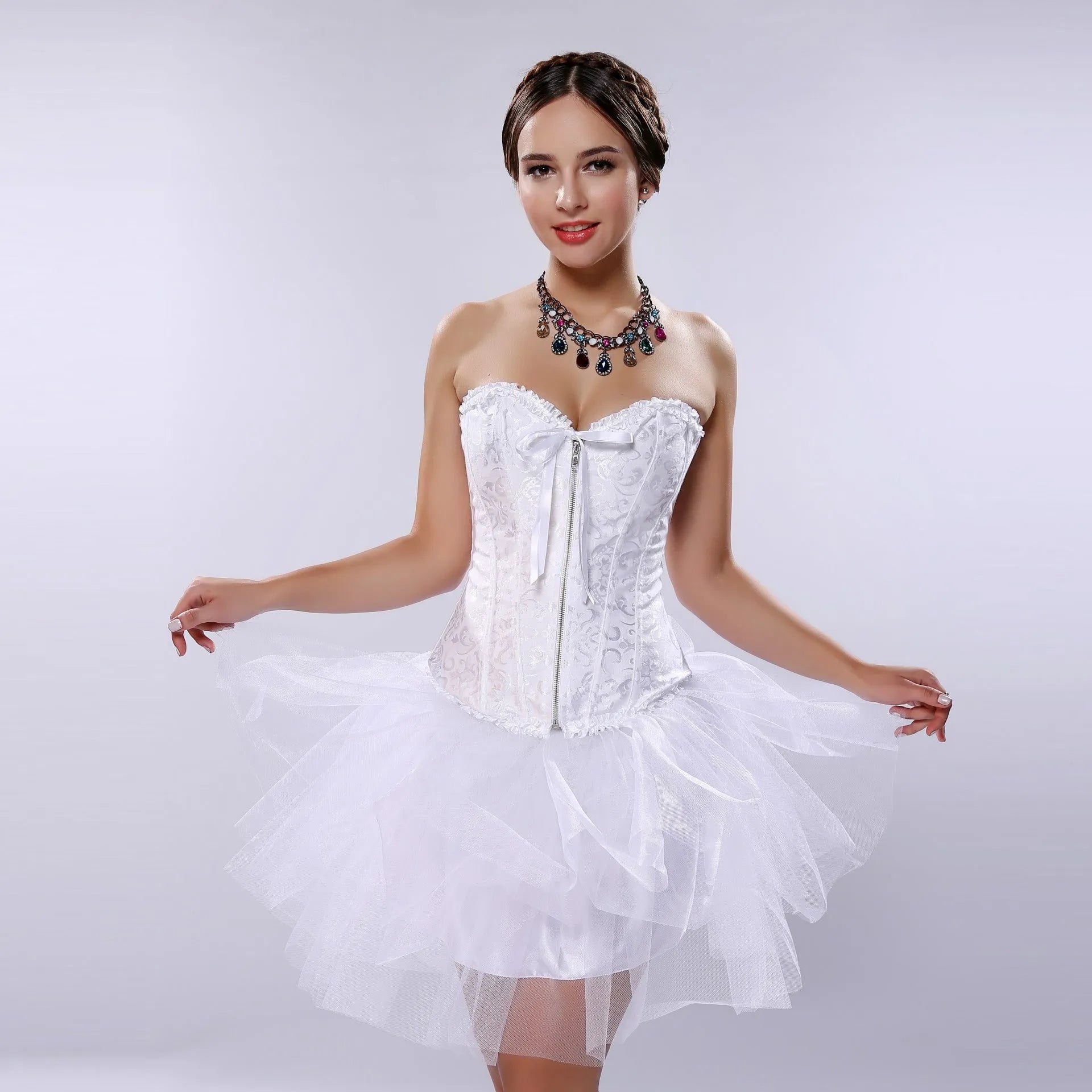 Women's front zip jacquard corset in spandex fabric for waist support and shaping
