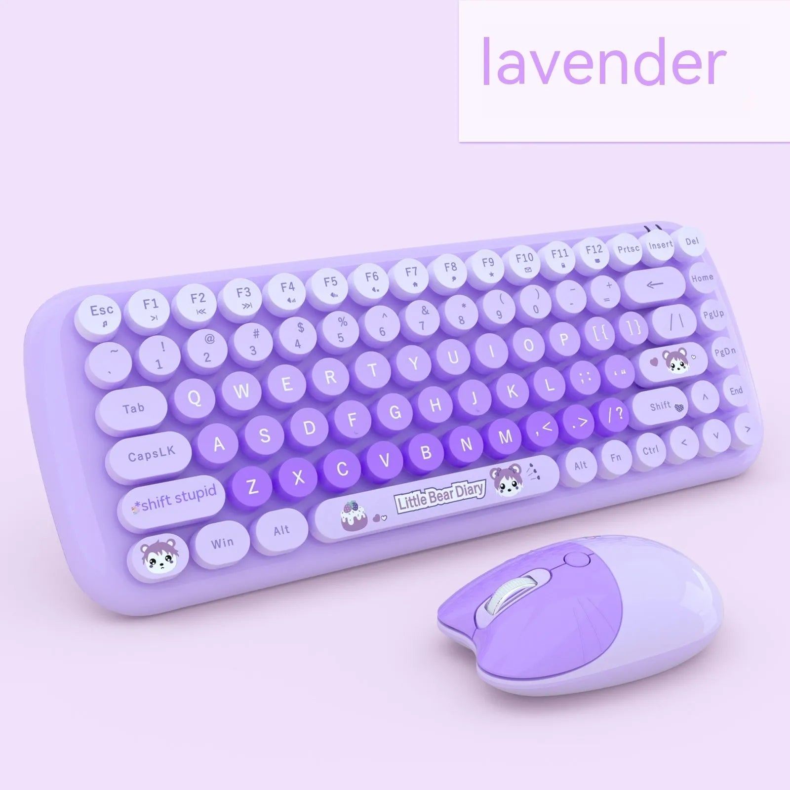 Candy pink wireless keyboard and mouse set with compact cartoon-style design on a desk.