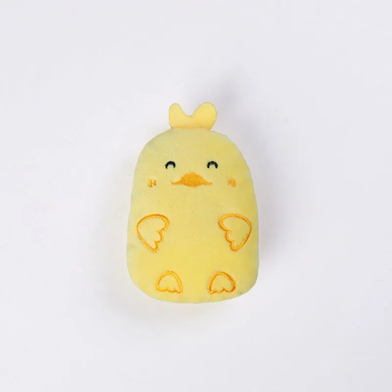 Small brown plush cat toy with a bite-shaped design for chewing and interactive play.