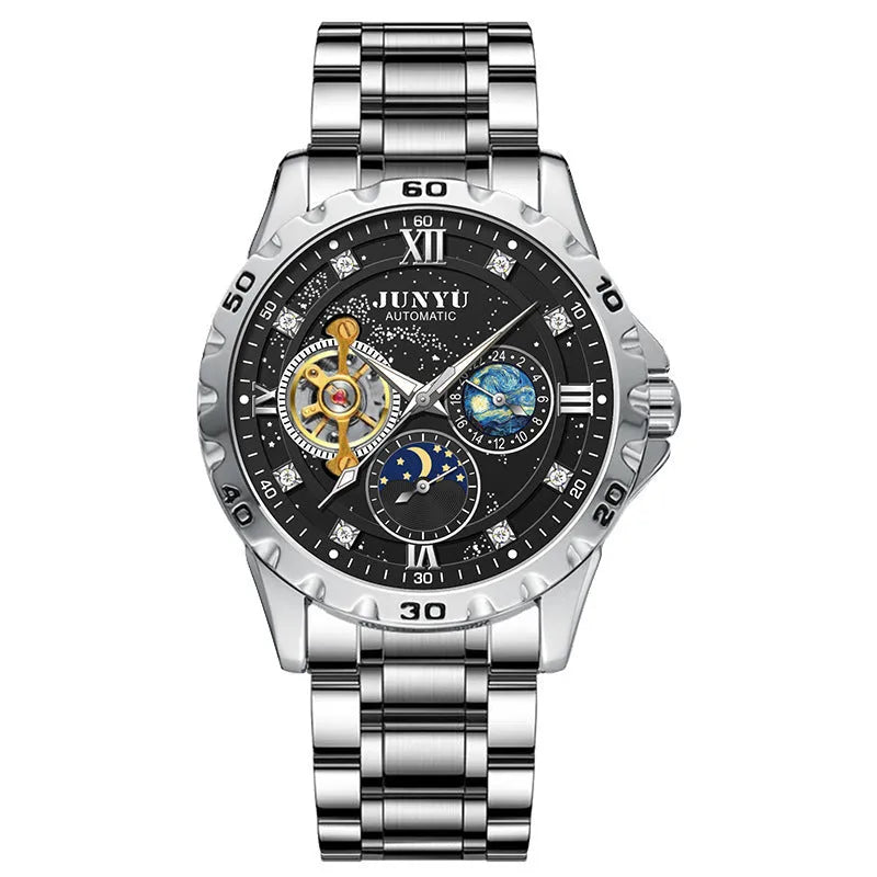 Men's automatic mechanical watch with luminous hands on a black starry sky dial and rose gold case