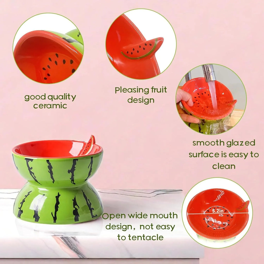 Ceramic raised cat bowl with tilted angle and fruit pattern