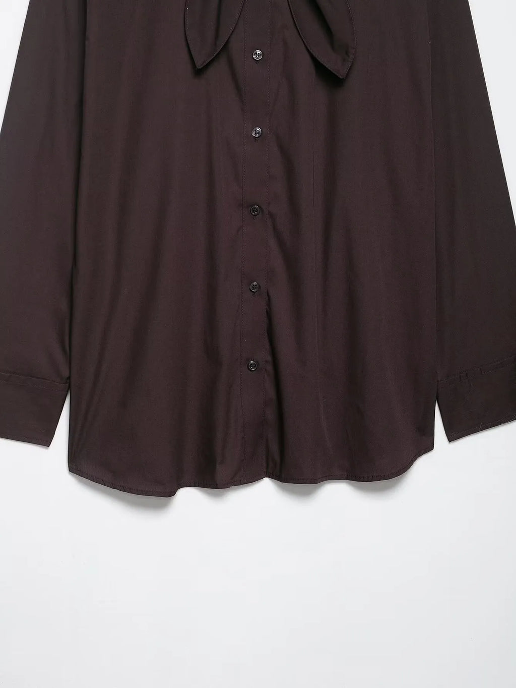 Brown women's cardigan-style shirt with long sleeves and a built-in bow tie scarf detail