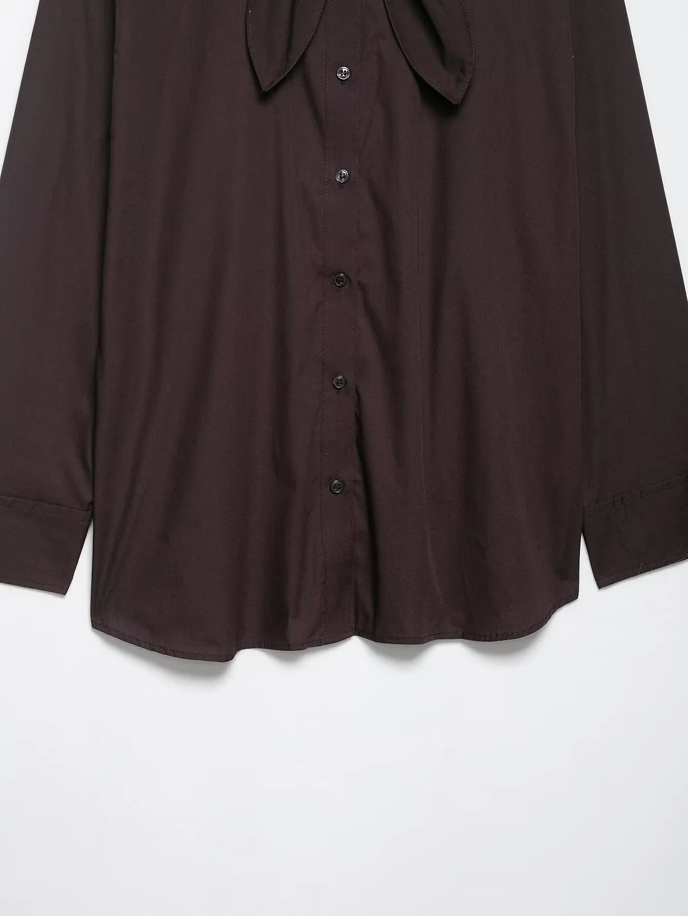 Brown women's cardigan-style shirt with long sleeves and a built-in bow tie scarf detail