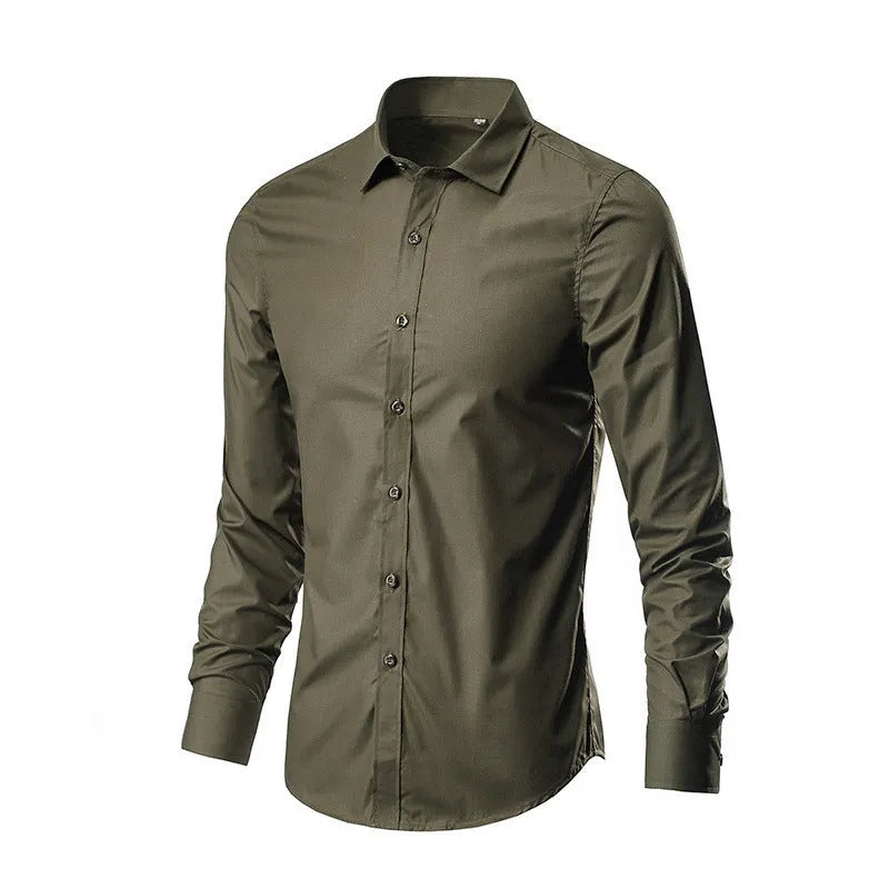 Man wearing a simple long-sleeve linen shirt in a loose fit, available in multiple colours and sizes.