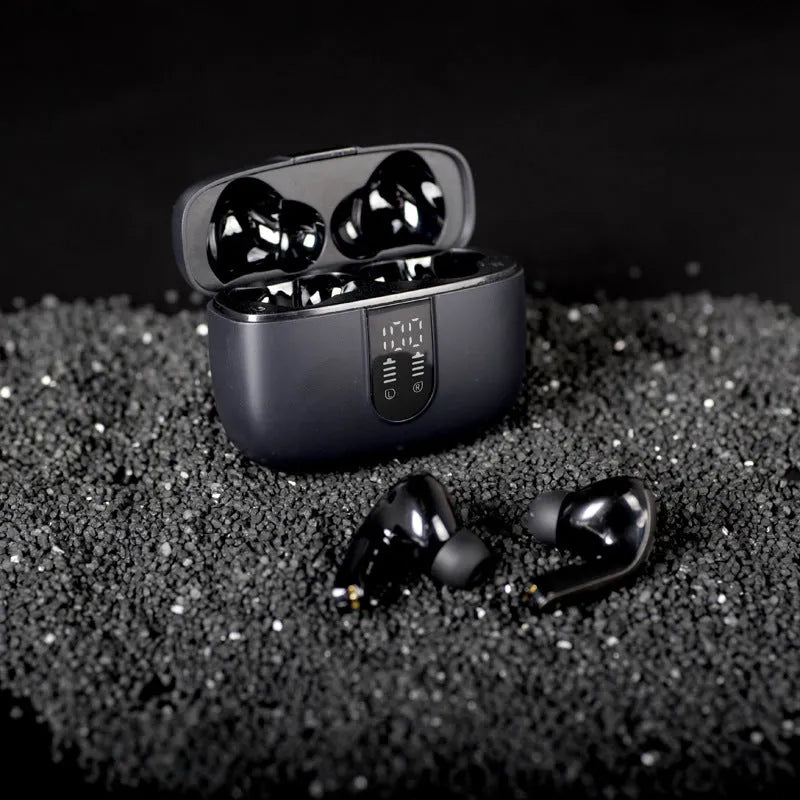 Jerry X08 wireless Bluetooth headphones with digital display, in-ear subwoofer design, and charging case