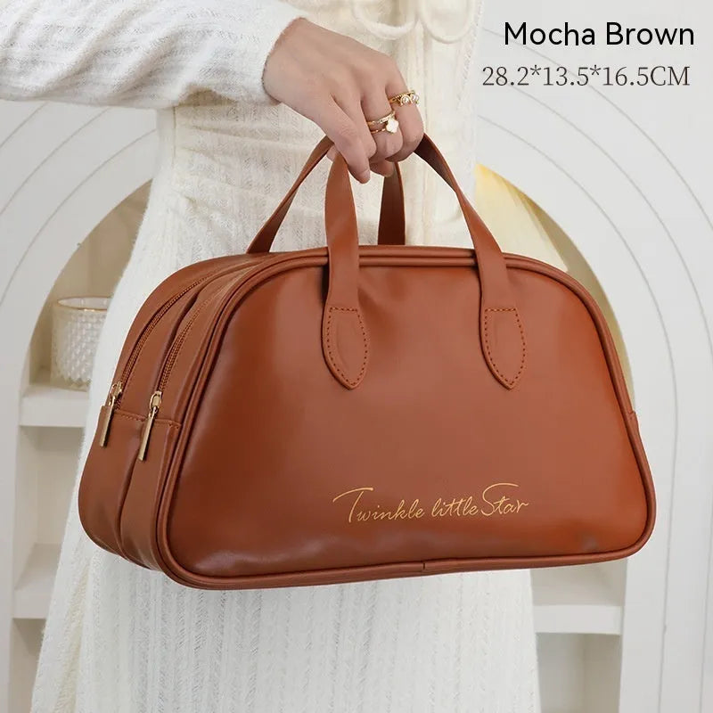Large capacity caramel mocha PU leather toiletry bag with double layer waterproof design and wet dry separation for travel makeup storage