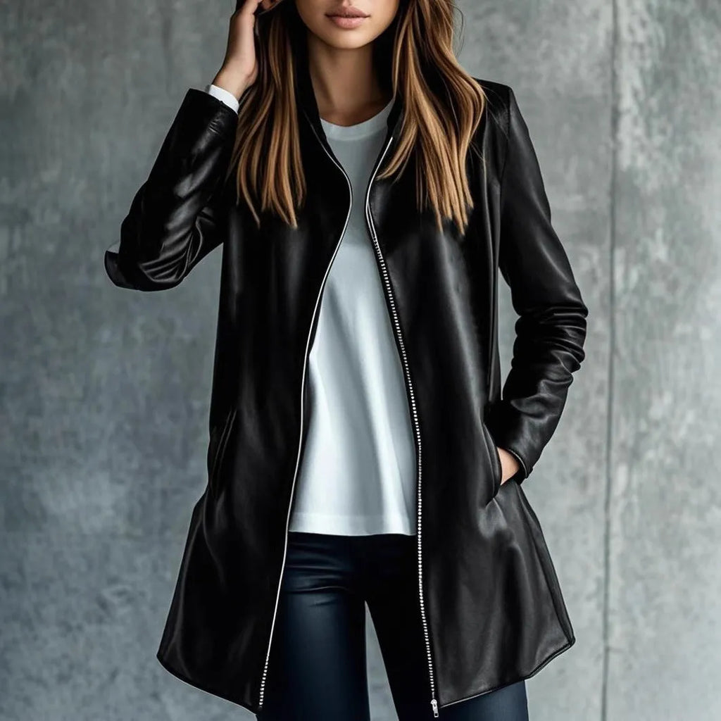 Black women's polyester leather jacket on a hanger, showing long sleeves and medium length.