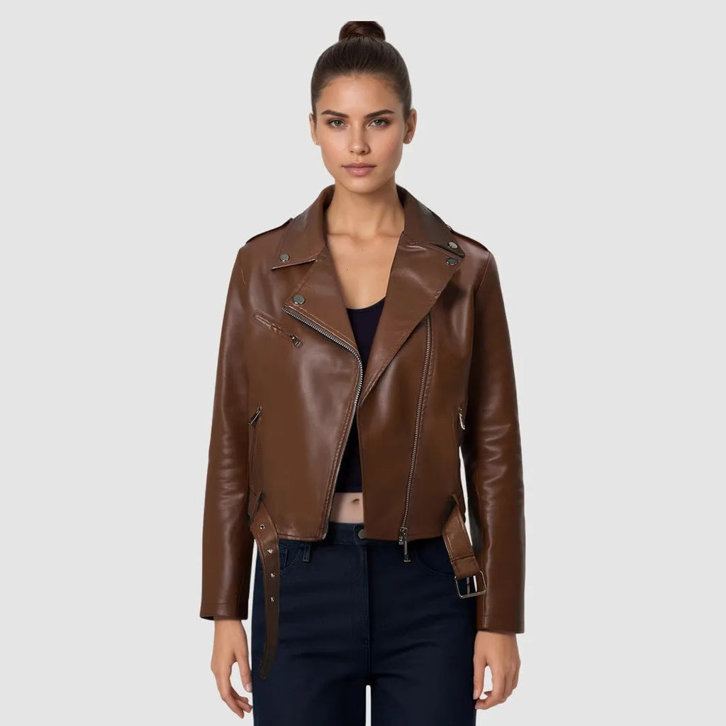 Women's black PU leather jacket with lapel waist belt on hanger