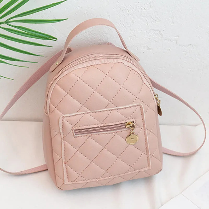 Girls' Korean style embroidered backpack in hard PU material showing vertical square shape and sandwich pocket