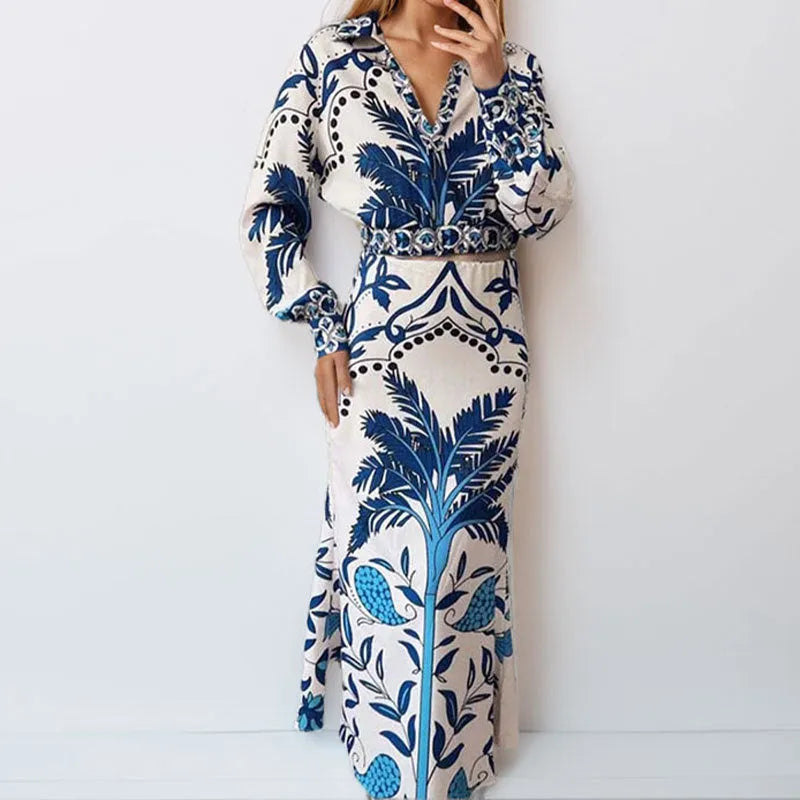 Women's floral print co-ord set with long sleeves and long skirt in picture colour