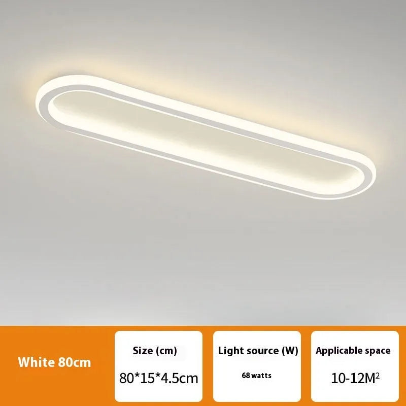 Minimalist black strip ceiling lamp with PVC shade mounted on a white ceiling