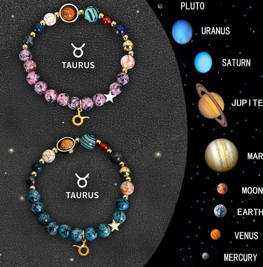 A pair of adjustable natural stone beaded bracelets on a wrist, representing Chinese zodiac signs.