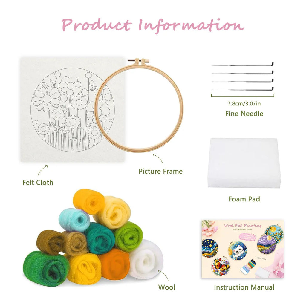 Round linen fabric embroidery kit with free hoop for making a 20x20 cm three-dimensional floral blanket painting.