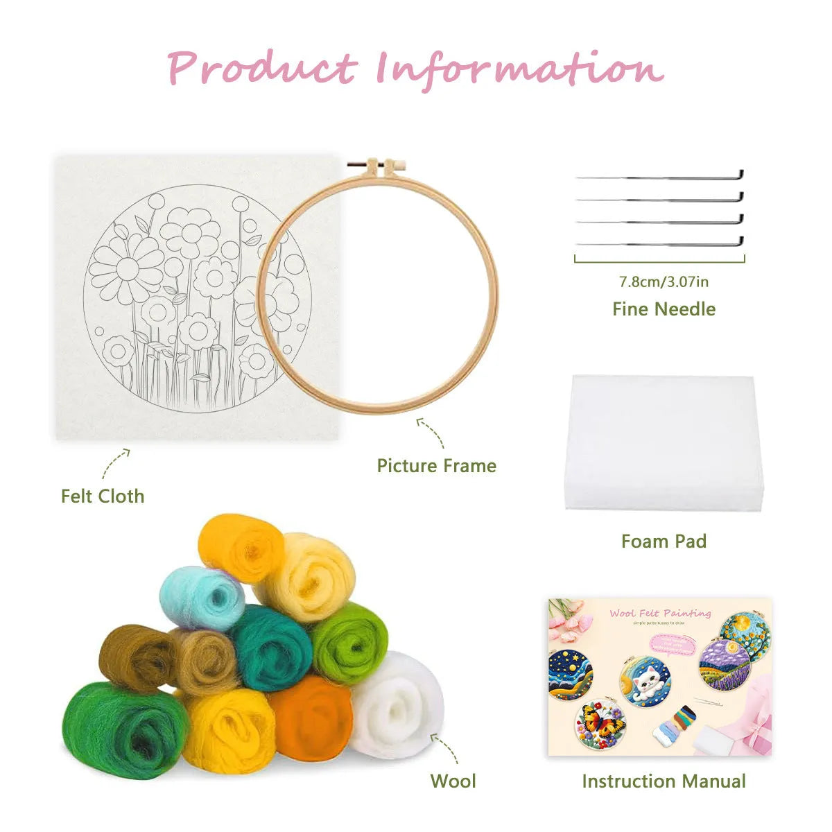 Round linen fabric embroidery kit with free hoop for making a 20x20 cm three-dimensional floral blanket painting.