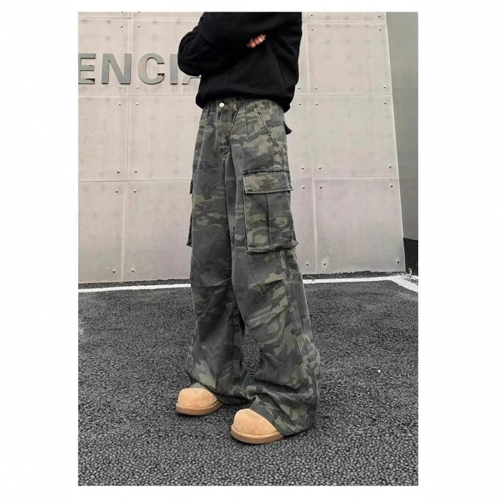 Korean style washed camouflage cargo pants with multiple pockets and mid waist design