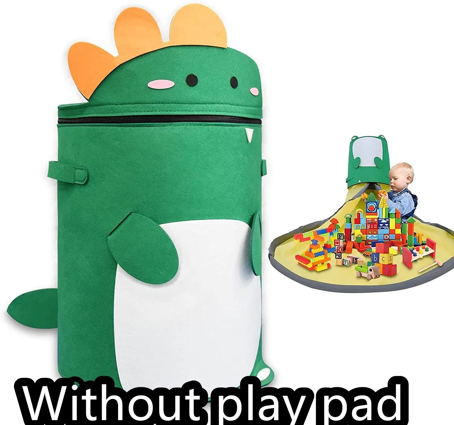Green felt cube storage bag with pull rope shown as both toy container and play mat