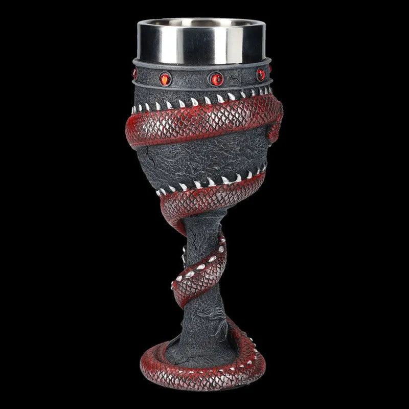 Red wine glass with 3D dragon resin sculpture on stainless steel base in gold or red colour