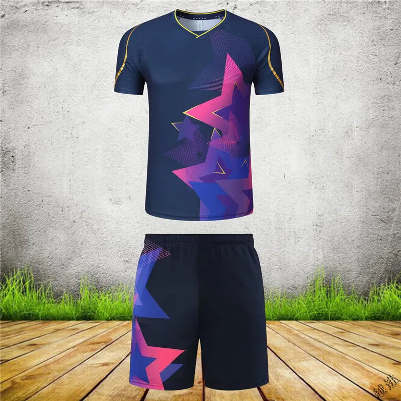 Man and woman wearing short-sleeved blue and purple badminton sportswear outfits, consisting of a top and trousers.