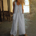 Sleeveless cotton jumpsuit with wide leg trousers in art retro styling with pocket details